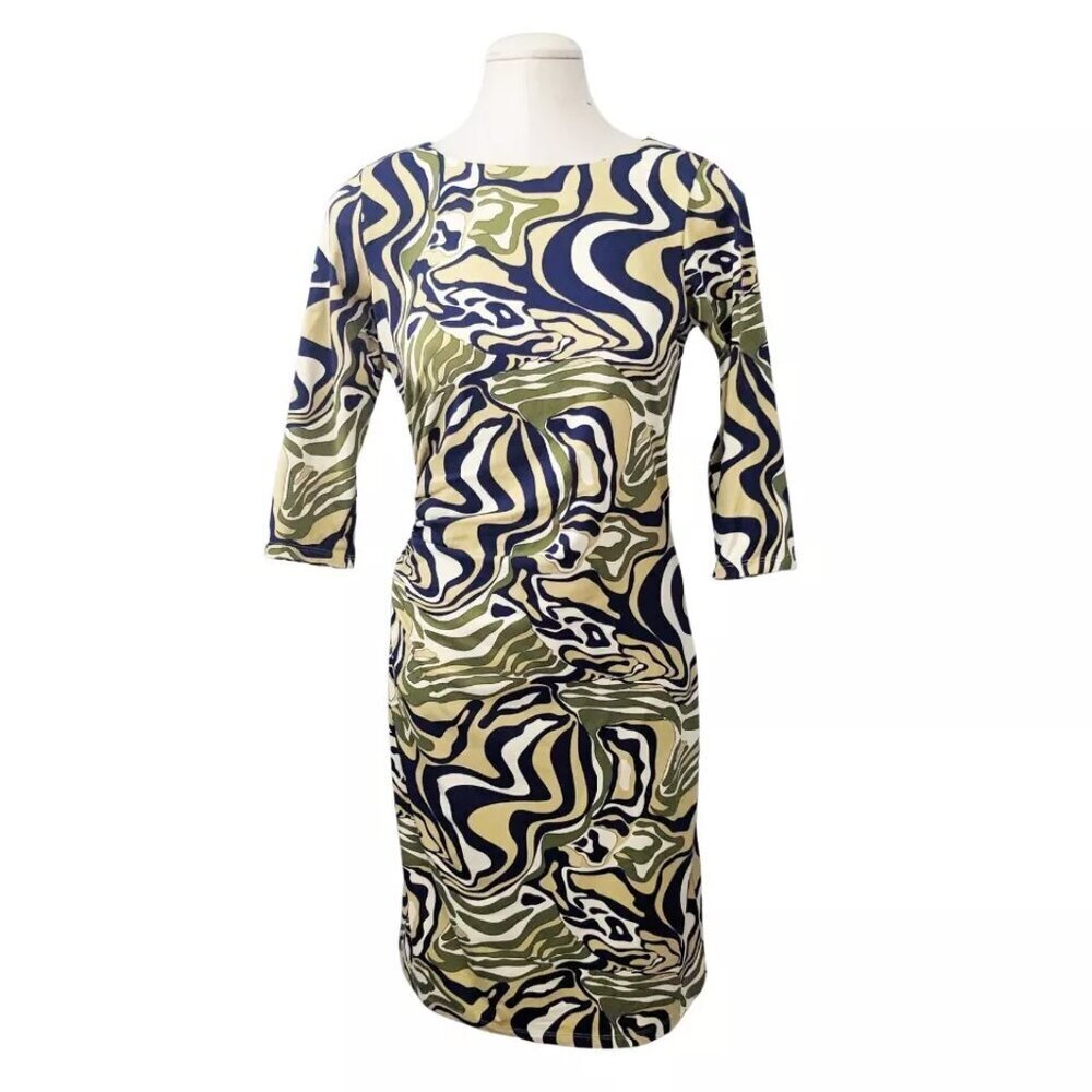 J. McLaughlin Catalina Dress Sage MEDIUM 3/4 Sleeve Green Swirl Geometric Ruched